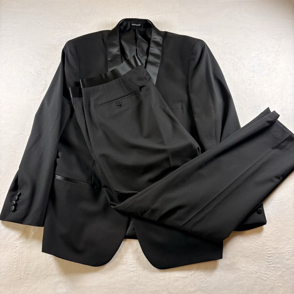 Men's Black Slim Fit Tuxedo 46S Jacket 39S Pants (29" Inseam) Stretch Shaw Lapel